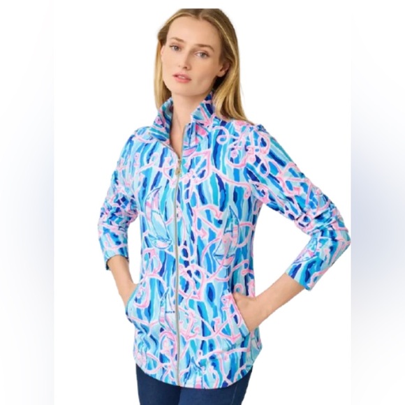Lilly Pulitzer Jackets & Blazers - Lilly Pulitzer Leona Skim Blue Reel Nauti Zip-Up Jacket NWT